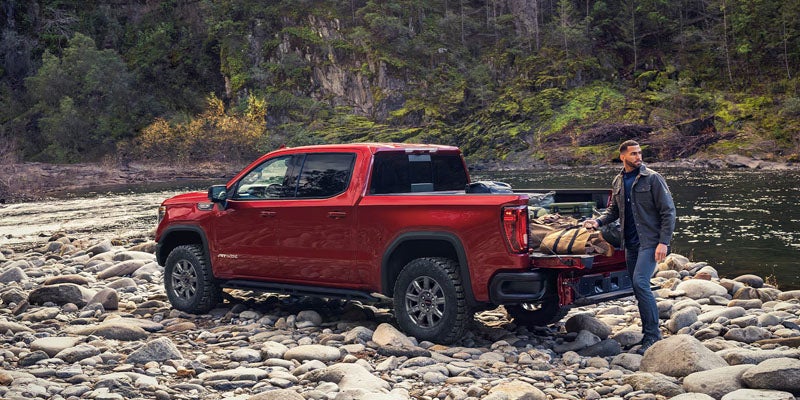 Red truck in outdoor setting.