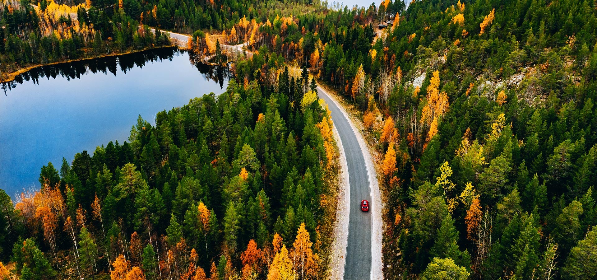 Person driving a GMC vehicle on an open forested road beside a lake during a road trip